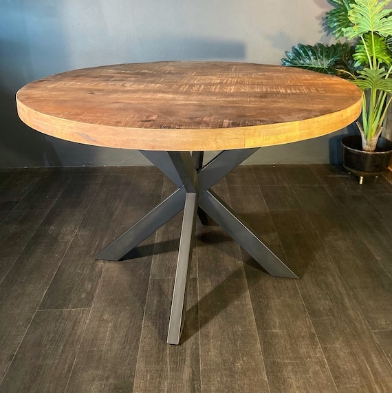 Organic Modern Round Dining Table, Cross Base Pedestal, Wood Knots
