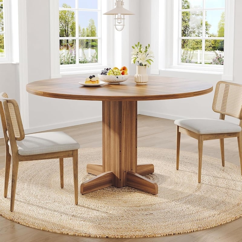 Organic Modern Round Fluted Pedestal Dining Table in Off-White