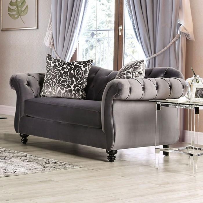 Ornate Loveseat with Silver Frame and Gray Button Tufting