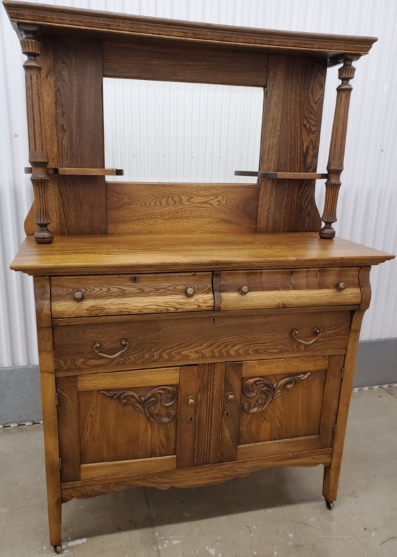 Ornate Wood Sideboard with Integrated Trifold Mirror and Carved Crest