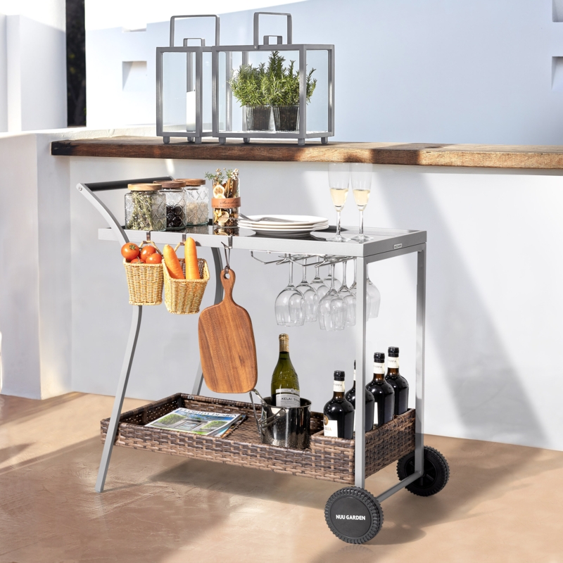 Outdoor Bar Cart Resin Wicker Glass Top Integrated Handles Coastal