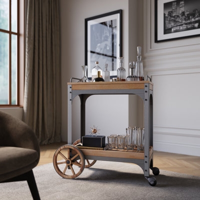 Outdoor Bar Cart Rustic Wood Two-Tier Rolling Patio Hardwood