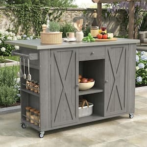 Outdoor Bar Cart Stainless Steel Top Grey-Blue Storage Cabinet