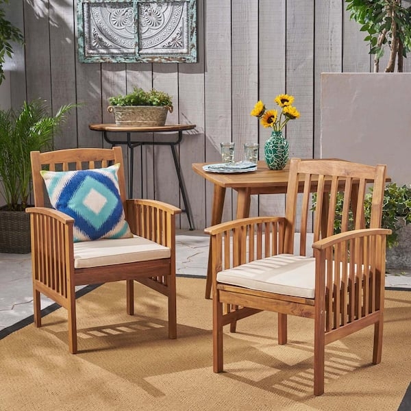 Outdoor Dining Chair Beige Cushions Slat Back Brown Armless