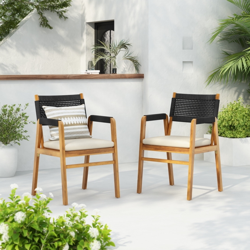 Outdoor Dining Chair Black Wood Frame Woven Rope Backrest Organic