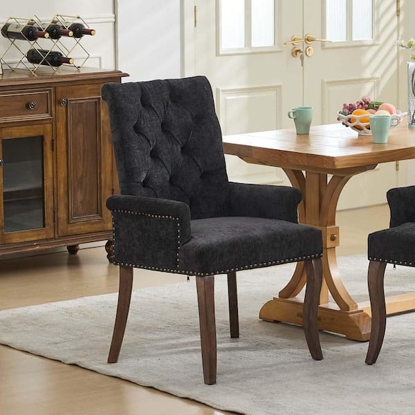 Outdoor Dining Chair Natural Wood Black Cushions Curved Arms Patio