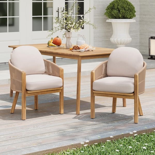 Outdoor Dining Chair Rope Weave Back Beige Cushions Wood Frame