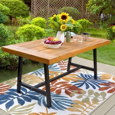 Outdoor Dining Table, Wood Slat Top, Black Metal Sled Frame