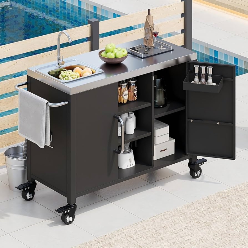 Outdoor Kitchen Island Mobile Sink Station with Gooseneck Faucet