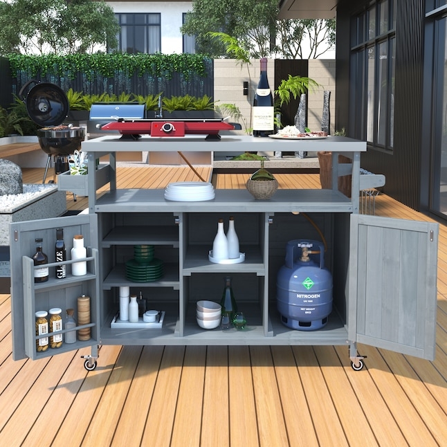 Outdoor Kitchen Island with Stainless Steel Top, Grey Blue