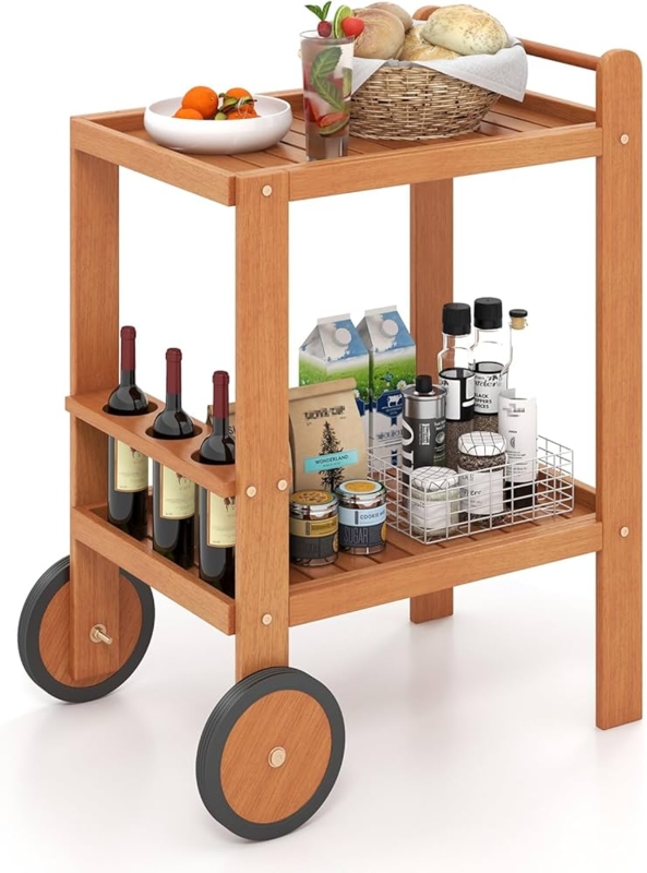 Outdoor Poolside Bar Cart with Large Spoke Wheels and Bottle Holders