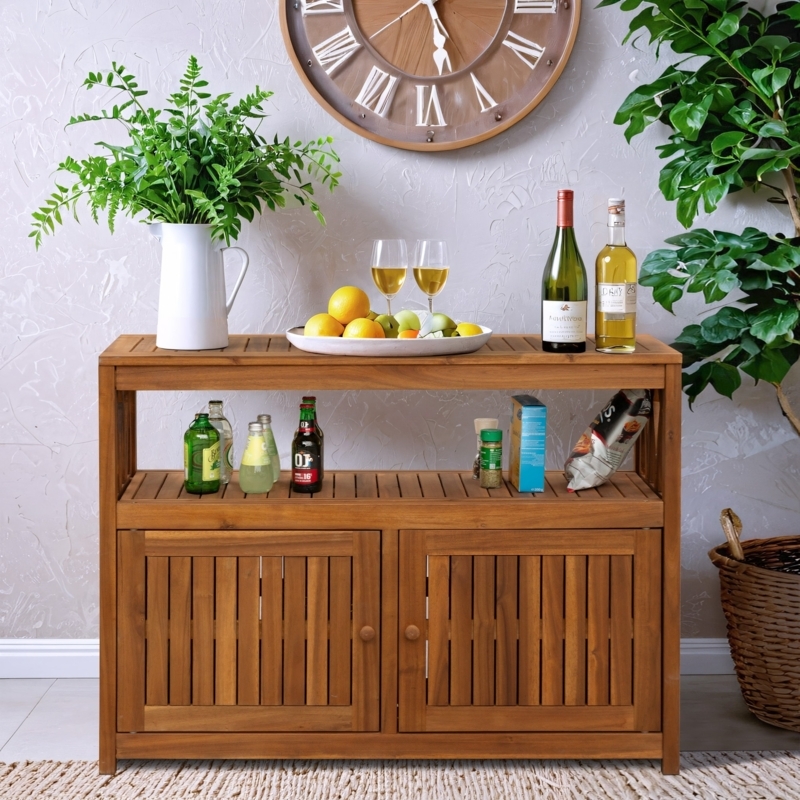 Outdoor Wood Acacia Buffet Sideboard, Slatted Doors, Lower Shelf