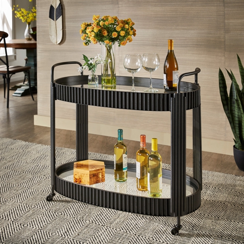 Oval Bar Cart Black Metal Frame 2 Tier Tempered Glass