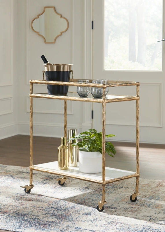 Oval Bar Cart with Antique Metallic Finish and Two Glass Tiers
