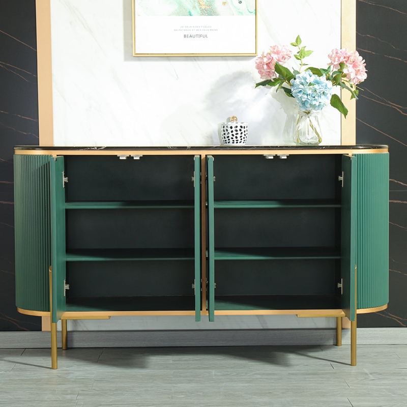 Oval Buffet with Marble Top Fluted Stone Glam Storage