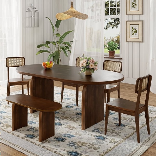 Oval Dining Set with Bench and Wood Toned Slat Back Chairs