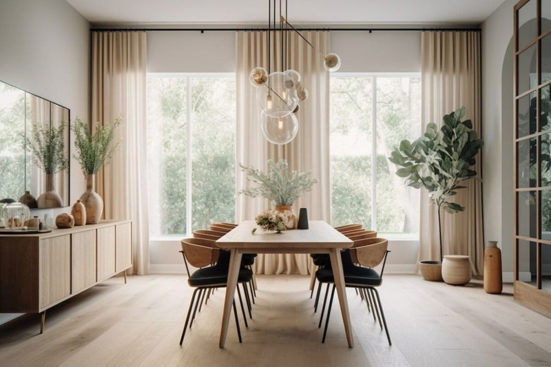 Oval Dining Table: Scandinavian Wood with Wishbone Chairs and Pleated Pendant