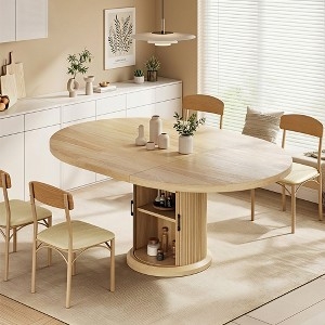 Oval Dining Table with Integrated Storage Shelves, Pedestal Base