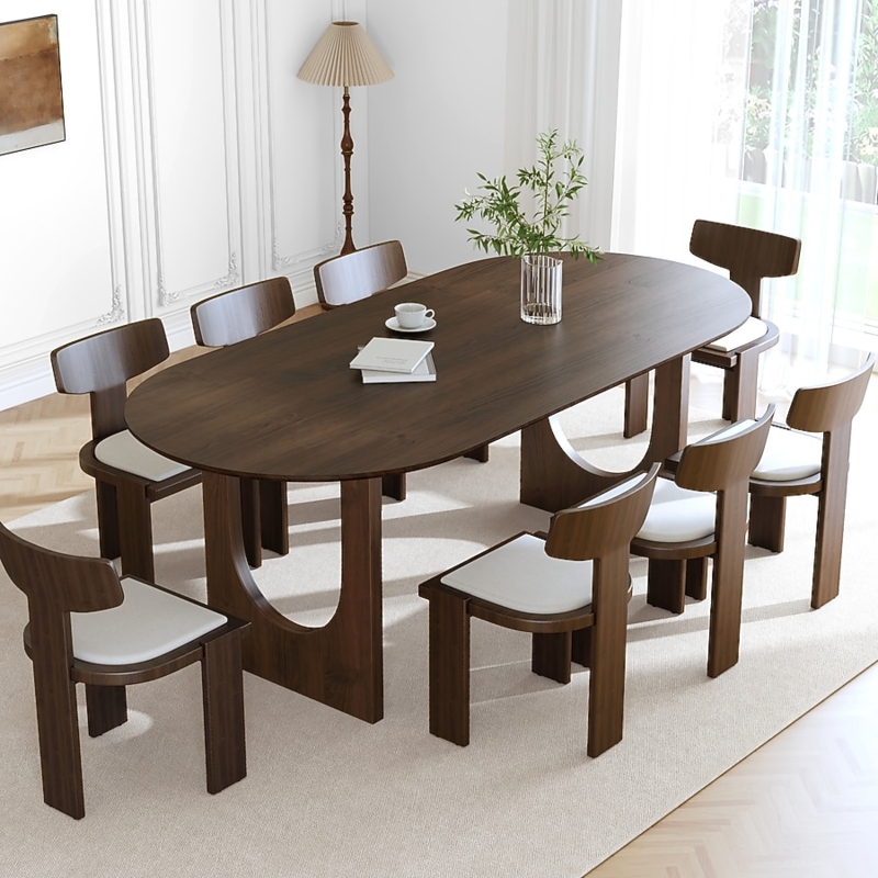 Oval Dining Table with Ribbed Double Pedestal Base in Walnut Finish