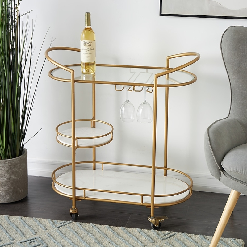 Oval Mirrored Bar Cart with Polished Gold Frame and Caster Wheels