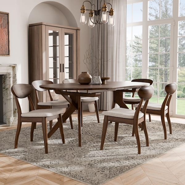 Oval Walnut Pedestal Dining Set 7-Piece Extendable Slat Back