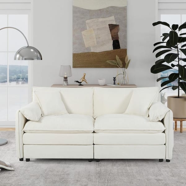 Oversized Loveseat in Beige Chenille Fabric with Toss Pillows