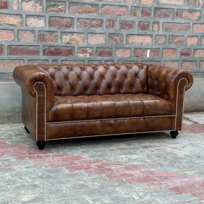 Oxblood Brown Chesterfield Sofa with Deep Button Tufting & Rolled Arms