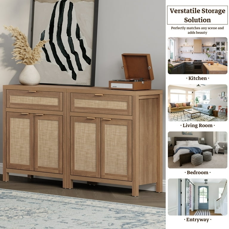 Paired Sideboard Set with Rattan Panels and Gold Hardware