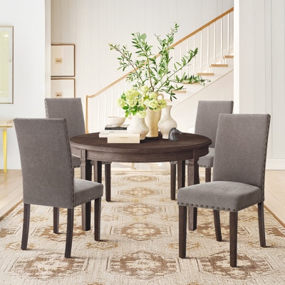 Parsons Dining Chairs in Beige Linen-Like Fabric with Nailhead Trim