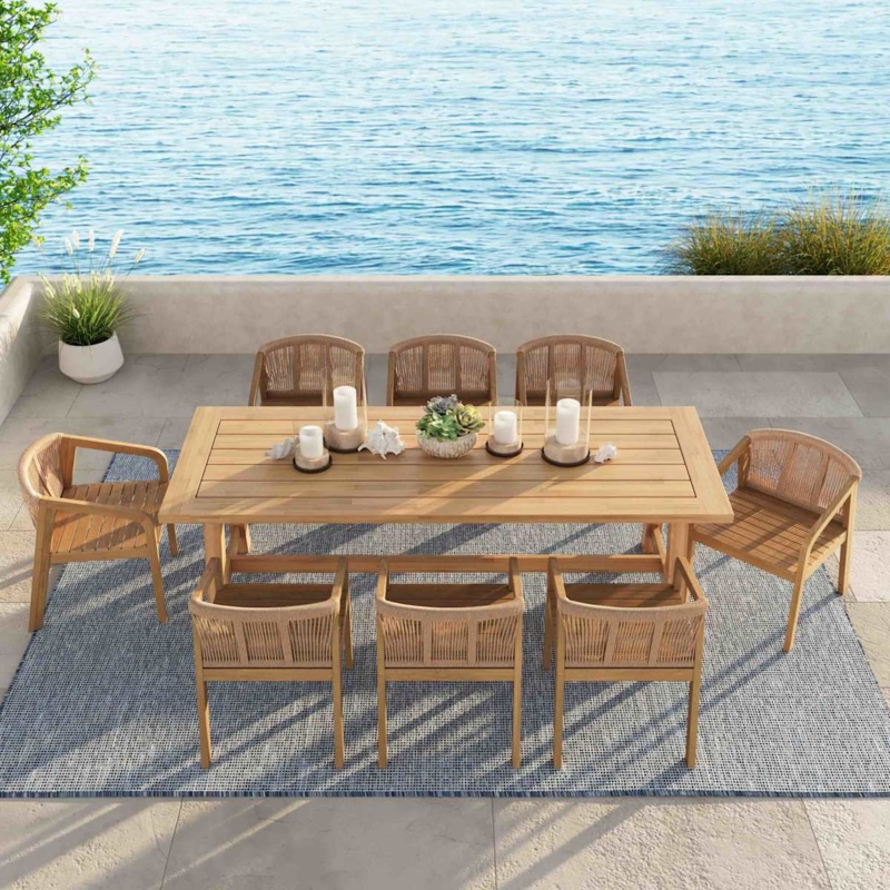 Patio Dining Chair Woven Rope Back Blonde Acacia Wood Tan
