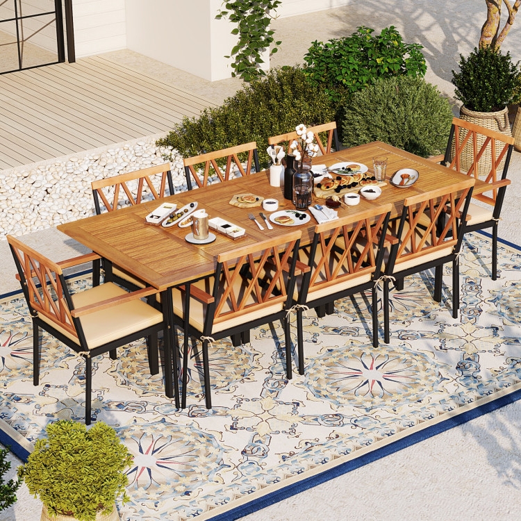 Patio Dining Set 9 Piece Slatted Wood Construction Warm Brown
