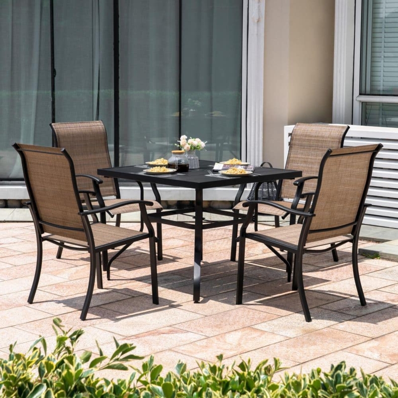 Patio Dining Set Square Metal Table Mesh Chairs Umbrella Hole (63 characters)