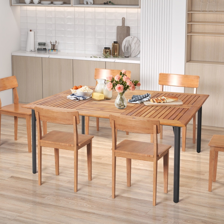 Patio Dining Table with Umbrella Hole, Slat Top, U-Shaped Legs
