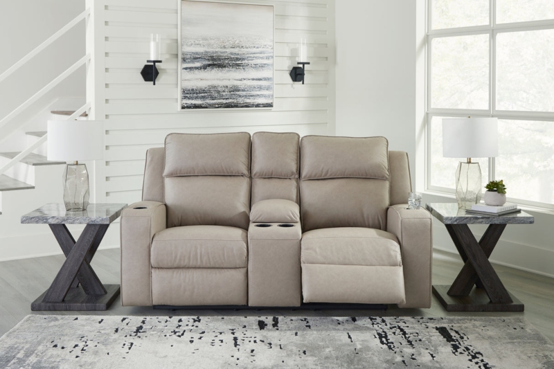 Pebble Grey Reclining Loveseat with Console & Quilted Stitching