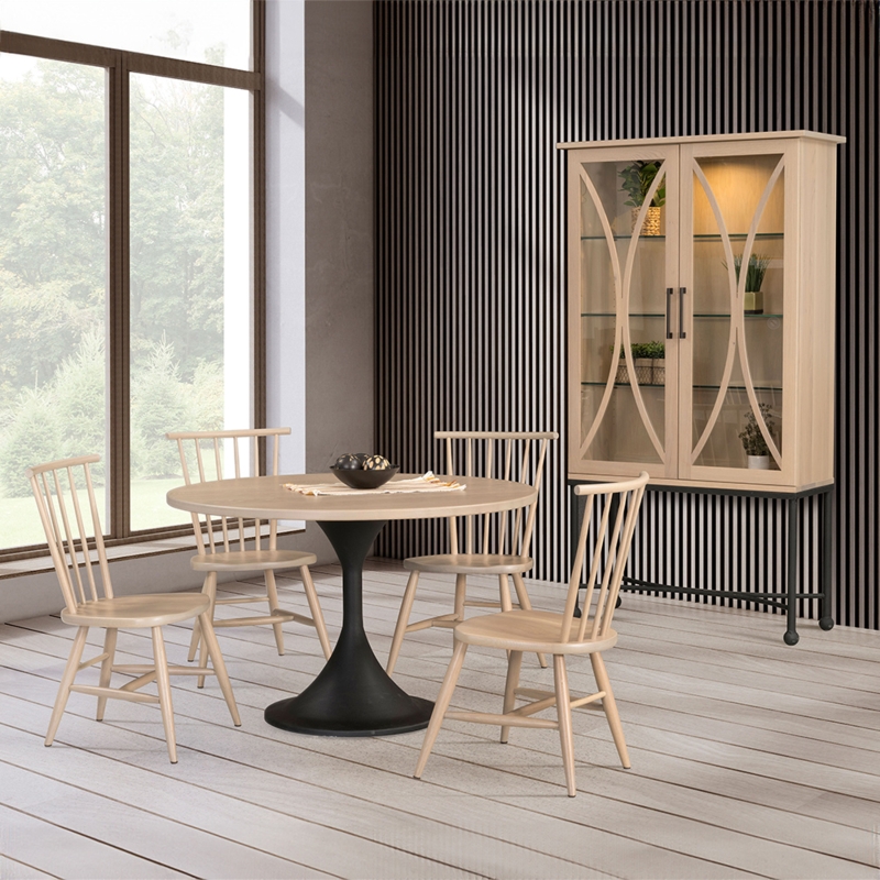 Pedestal Dining Set, Heavy Base, Two-Tone Windsor Chairs, Minimalist