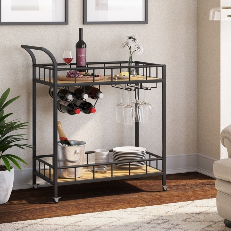 Perforated Mesh Bar Cart Integrated Wine Storage Black