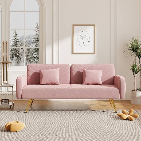 Pink Linen-Like Reclining Loveseat with Button Tufting and Tapered Legs
