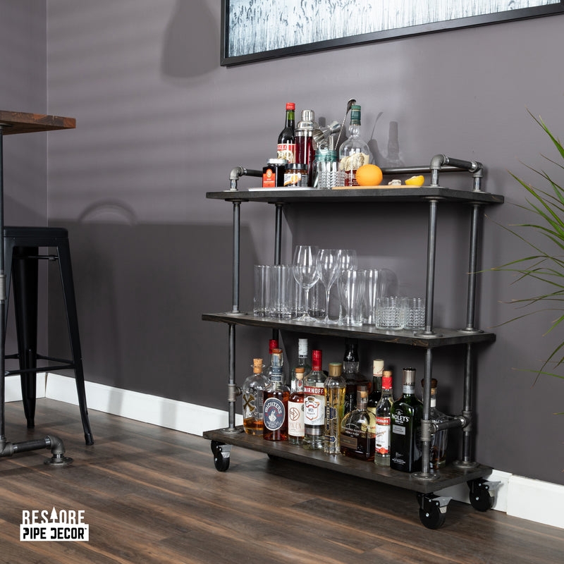Pipe Frame Bar Cart Industrial Style Three Tier Wood