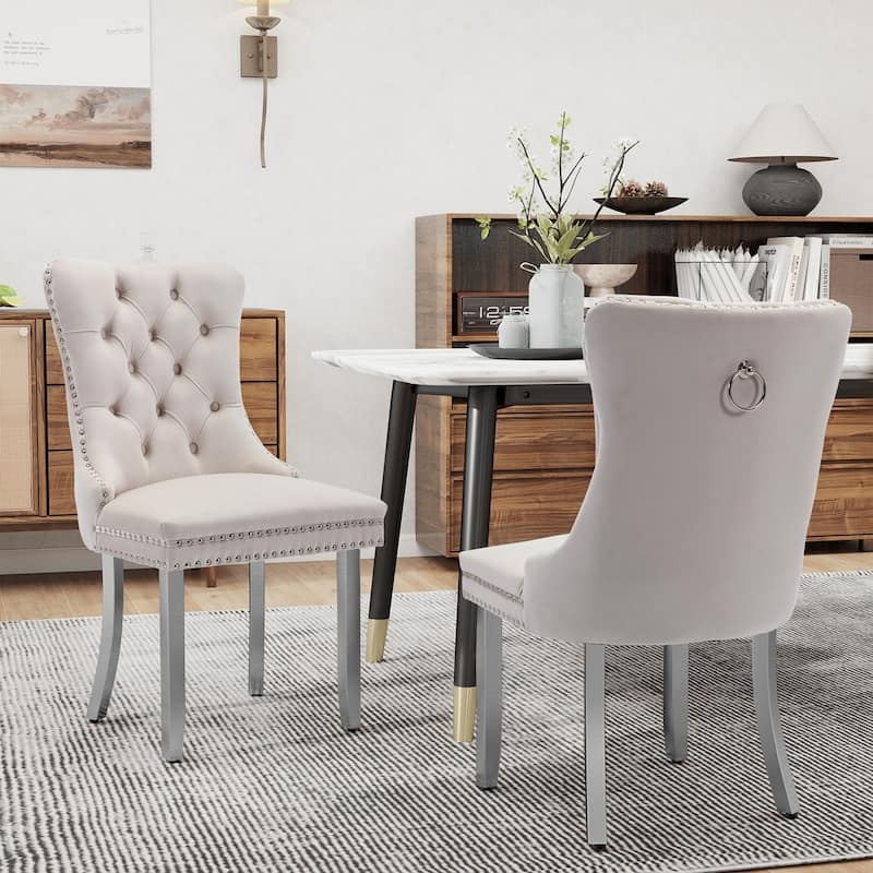 Plum Velvet Dining Chairs with Diamond Tufting and Silver Nailheads