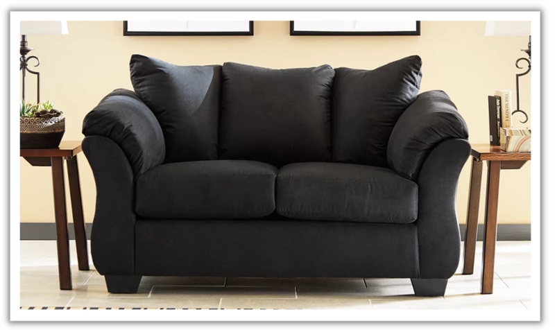Plush Light Blue Loveseat with Pillow Arms and Contemporary Tiered Back
