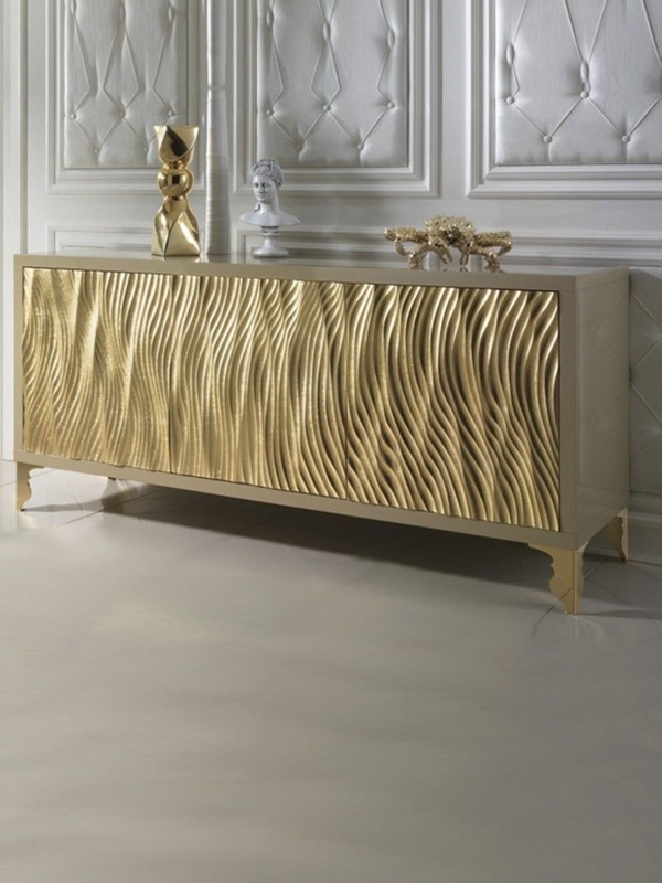 Polished Gold Sideboard with Unique Faceted Door Texture