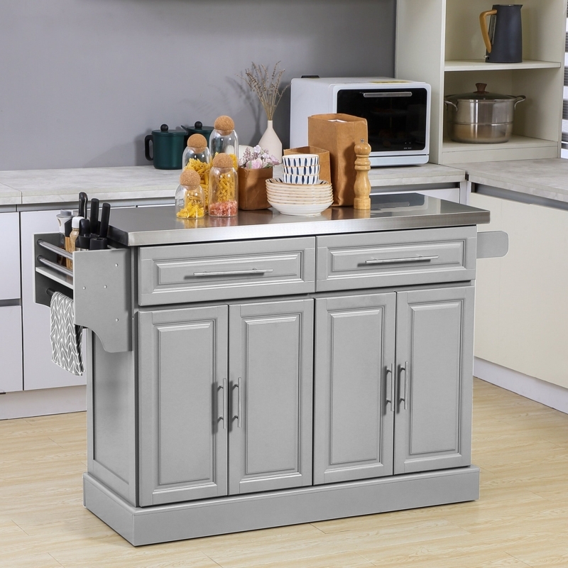 Portable Kitchen Cart with Stainless Steel Top and Integrated Side Racks.