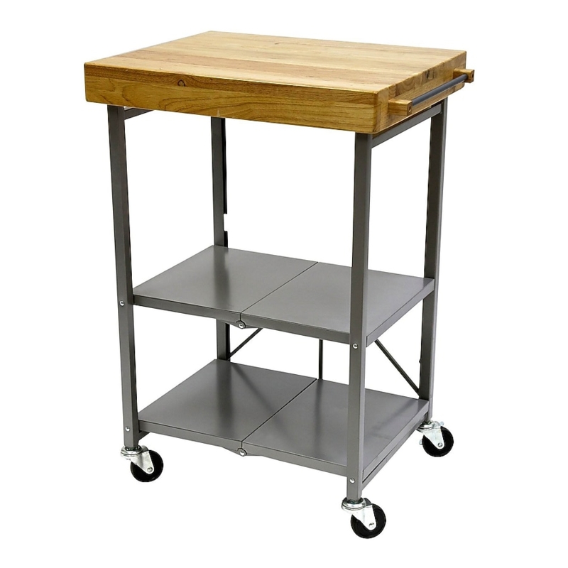 Portable Kitchen Island Cart with Folding Frame and Butcher Block Top