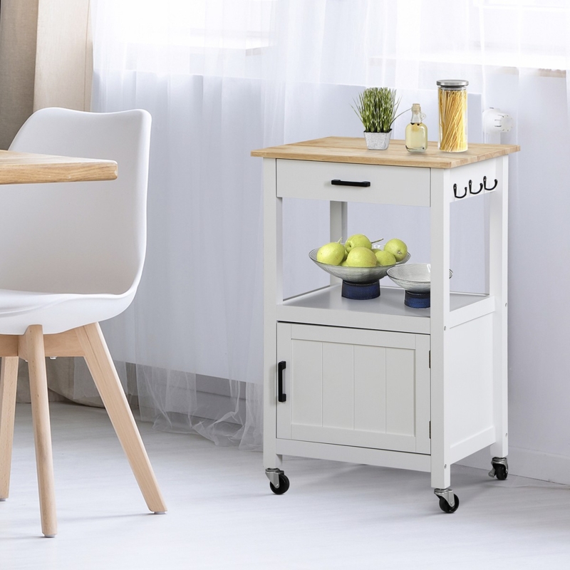 Portable Kitchen Island Cart with Utility Hooks, White and Wood Finish.