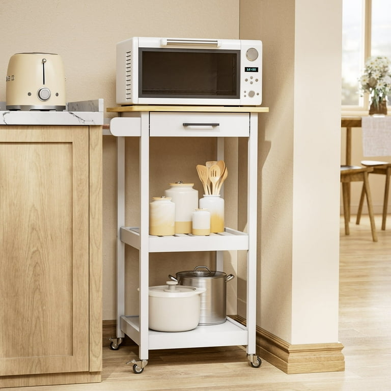 Portable Kitchen Island White Dual Drawers Side Hooks