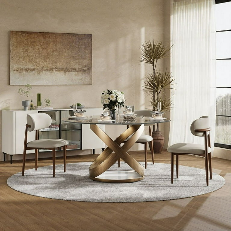 POVISON-51"Modern Round Glass Dining Table for 4, Tempered Glass Circle  Dining Room Table for Kitchen, Transparent Glass Kitchen Table, Bronze X  Carbon Steel Base -