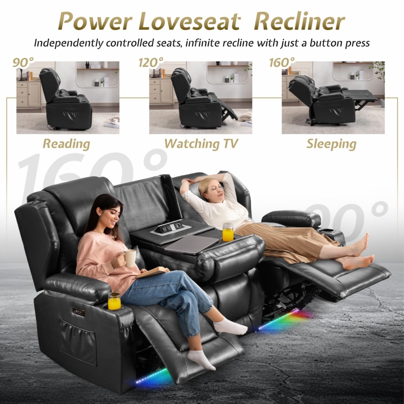 Power Reclining Loveseat in Black with LED Lighting and Storage Console