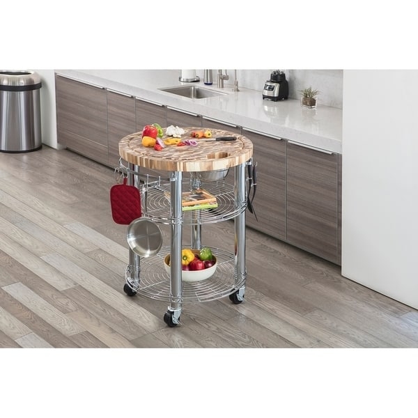 Professional Kitchen Cart, Chrome & End-Grain Butcher Block