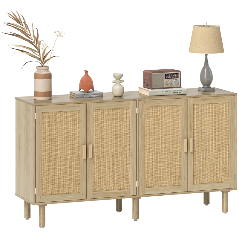 Rattan Coffee Bar Cabinet Ideas with Four Doors and Black Metal Base