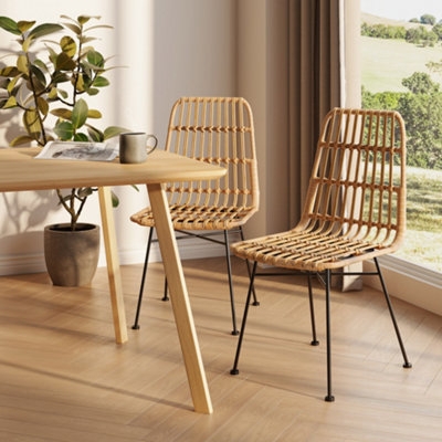 Rattan Dining Chair Set Black Metal Legs Curved Seat Woven Cane